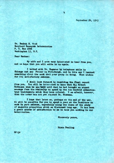 Letter from Linus Pauling to Reuben E. Wood. Page 1. September 24, 1943