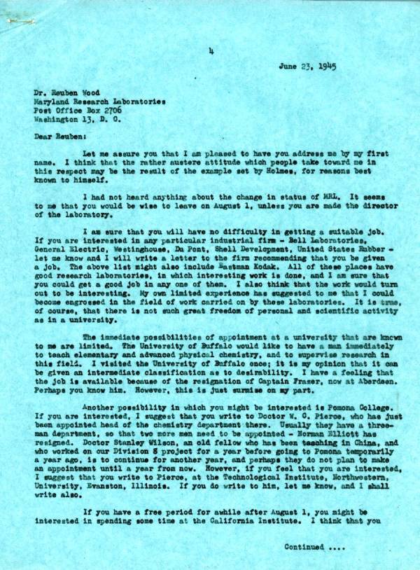 Letter from Linus Pauling to Reuben E. Wood. Page 1. June 23, 1945