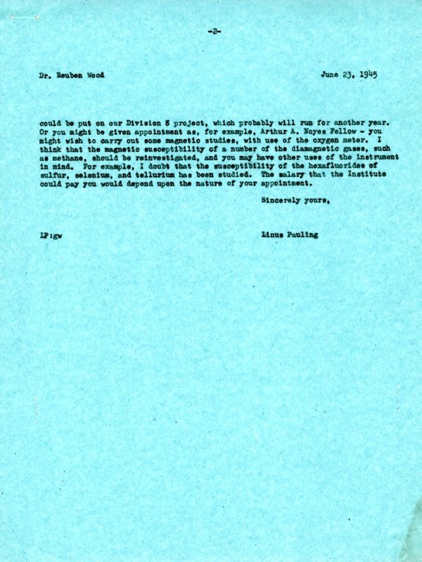 Letter from Linus Pauling to Reuben E. Wood. Page 2. June 23, 1945