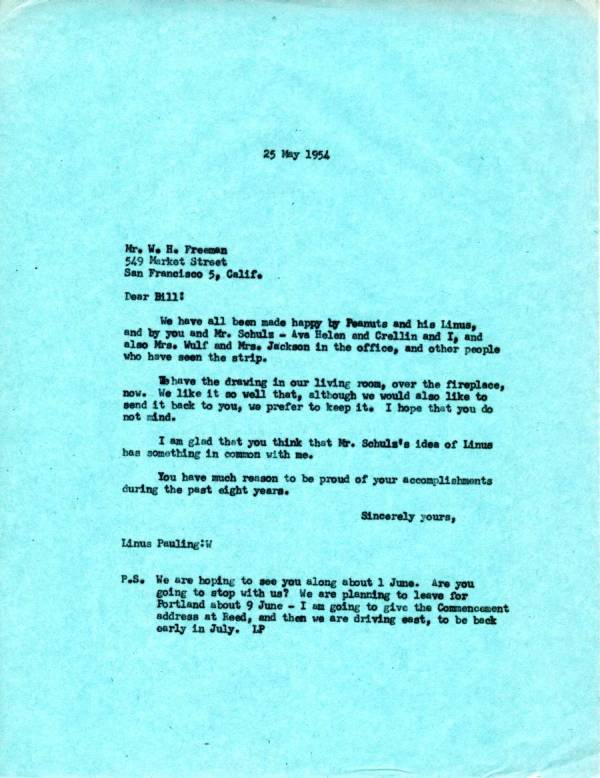Letter from Linus Pauling to W.H. Freeman. Page 1. May 25, 1954