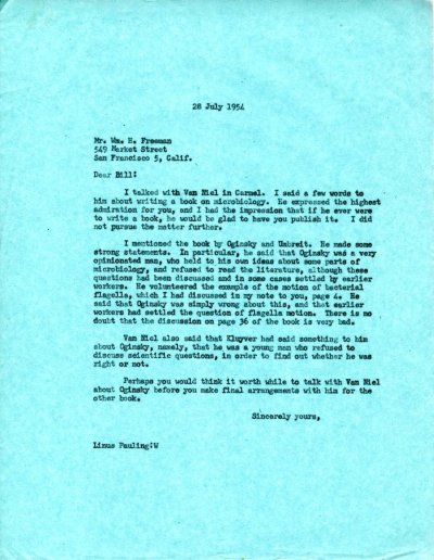 Letter from Linus Pauling to W.H. Freeman Page 1. July 28, 1954