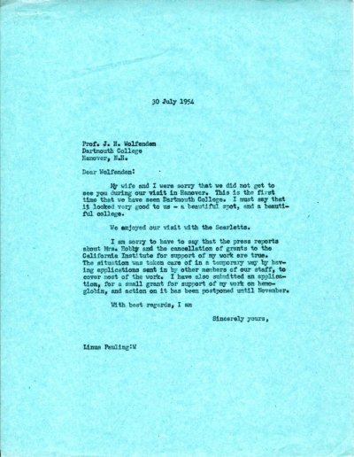 Letter from Linus Pauling to J.H. Wolfenden Page 1. July 30, 1954