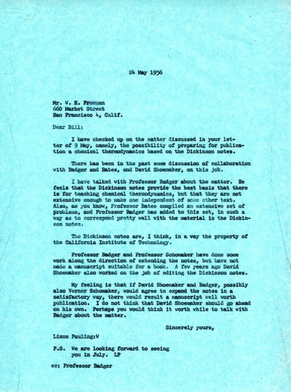 Letter from Linus Pauling to W.H. Freeman. Page 1. May 24, 1956