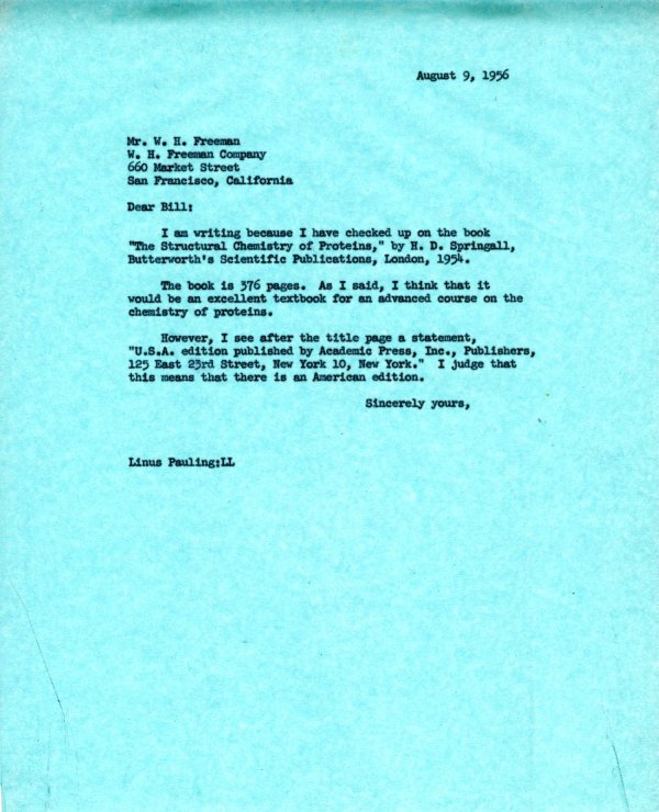 Letter from Linus Pauling to W.H. Freeman. Page 1. August 9, 1956