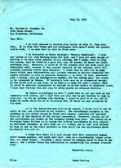 Letter from Linus Pauling to W.H. Freeman. Page 1. July 16, 1946