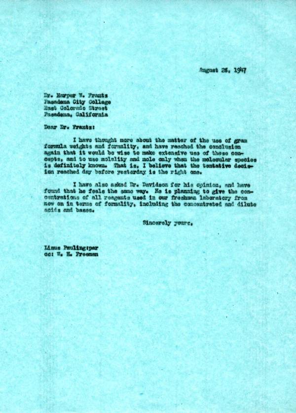 Letter from Linus Pauling to Harper W. Frantz. Page 1. August 28, 1947