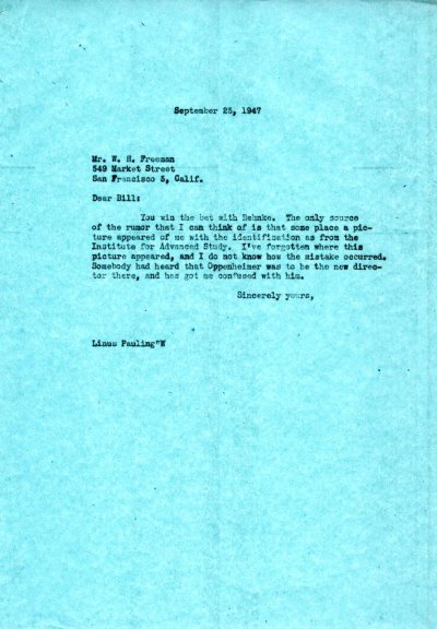 Letter from Linus Pauling to W.H. Freeman. Page 1. September 23, 1947