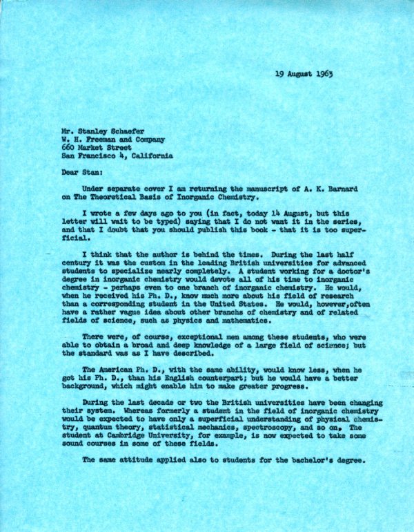 Letter from Linus Pauling to Stanley Schaefer. Page 1. August 19, 1963