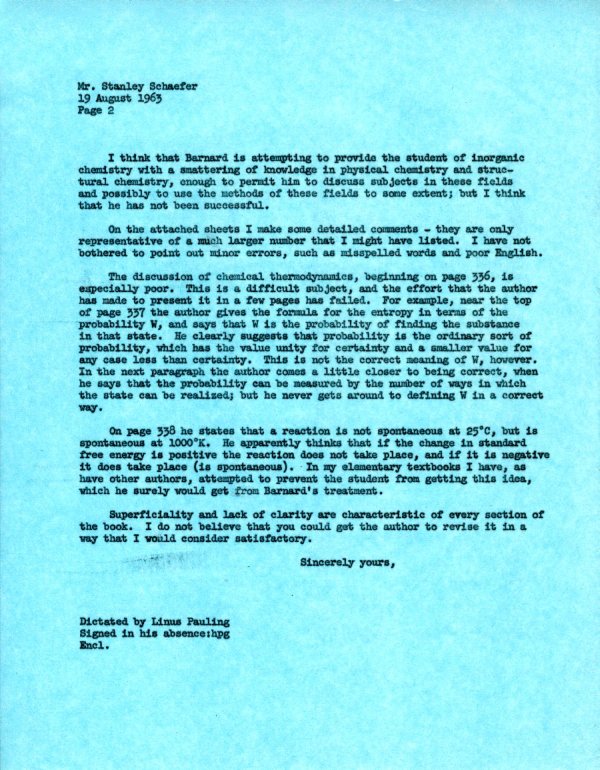 Letter from Linus Pauling to Stanley Schaefer. Page 2. August 19, 1963