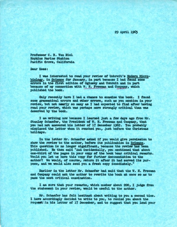 Letter from Linus Pauling to Cornelis B. van Niel. Page 1. April 29, 1963