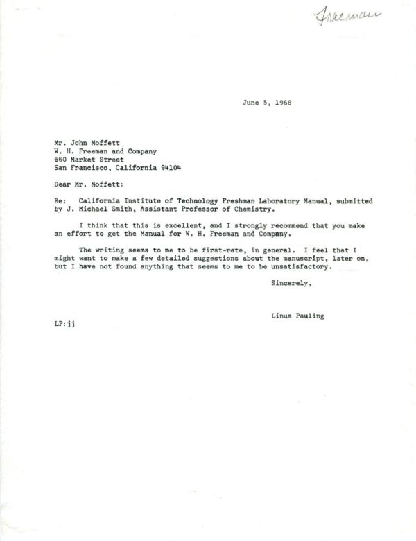 Letter from Linus Pauling to John Moffett. Page 1. June 5, 1968