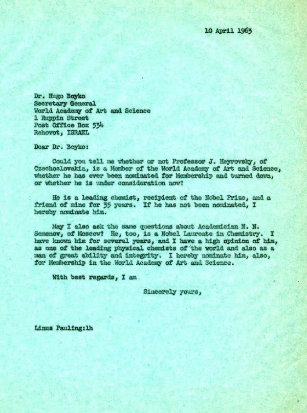 Letter from Linus Pauling to Hugo Boyko. Page 1. April 10, 1963