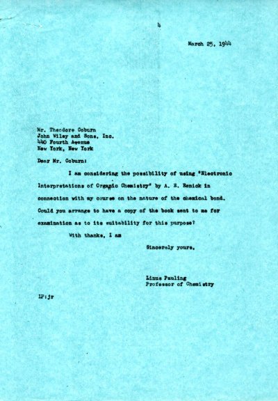 Letter from Linus Pauling to Theodore Coburn. Page 1. March 25, 1944