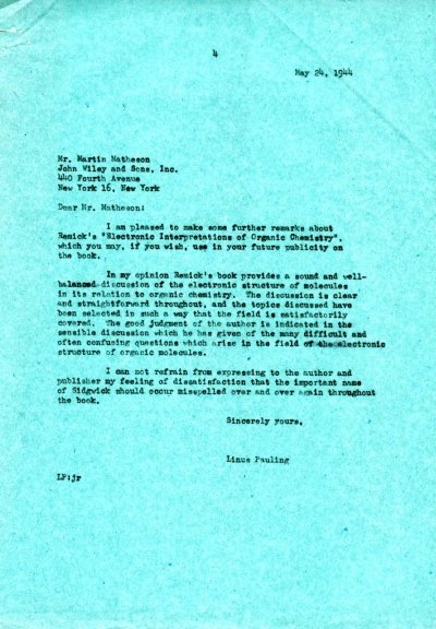 Letter from Linus Pauling to Martin Matheson. Page 1. May 24, 1944