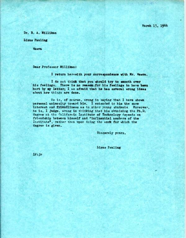 Letter from Linus Pauling to Robert A. Millikan. Page 1. March 13, 1944