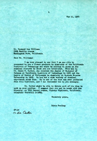 Letter from Linus Pauling to Raymond Lee Williams. Page 1. May 11, 1944