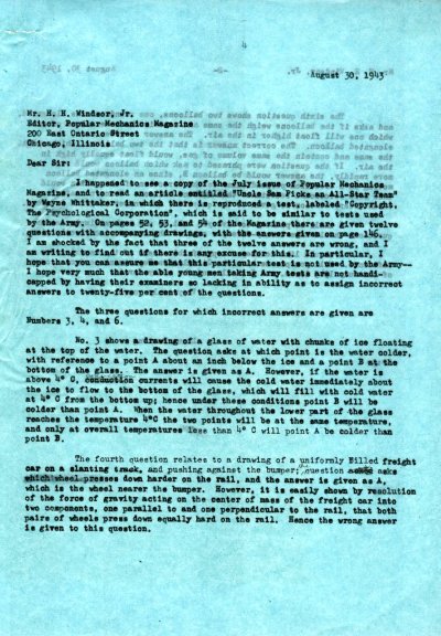 Letter from Linus Pauling to H.H. Windsor, Jr. Page 1. August 30, 1943