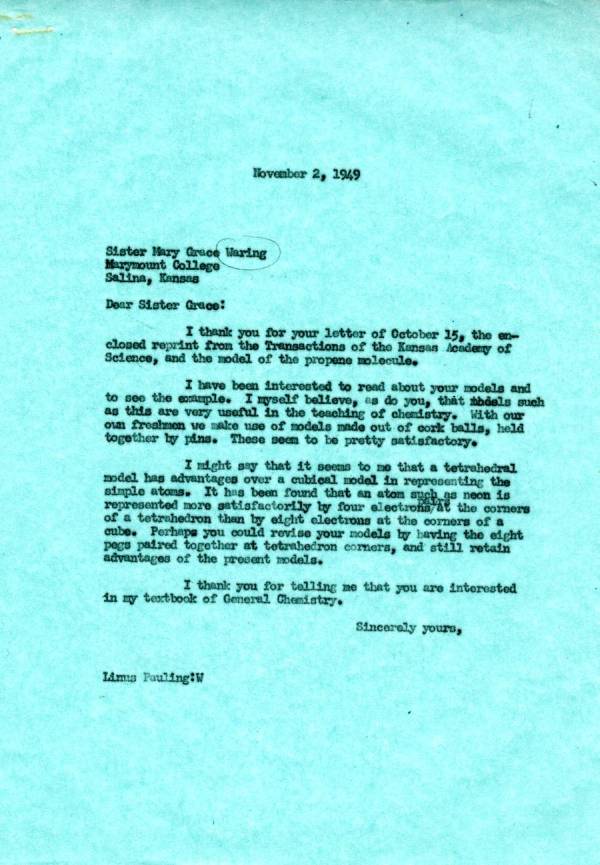 Letter from Linus Pauling to Sister Mary Grace Waring. Page 1. November 2, 1949
