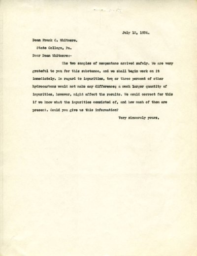 Letter from Linus Pauling to Frank C. Whitmore Page 1. July 12, 1934
