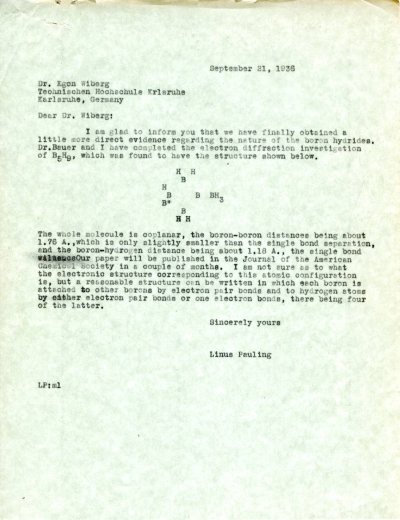 Letter from Linus Pauling to Egon Wiberg. Page 1. September 21, 1936