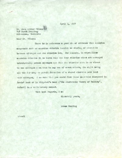 Letter from Linus Pauling to John Arthur Wilson. Page 1. April 5, 1937