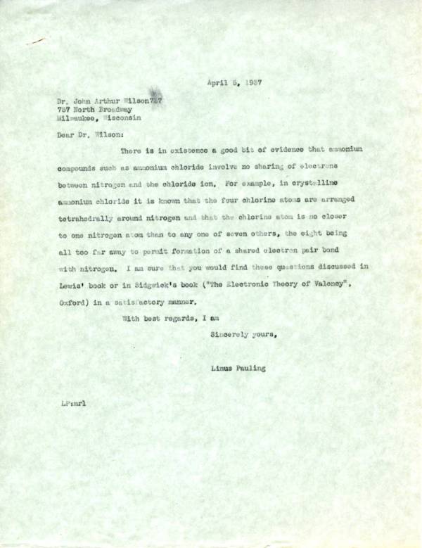 Letter from Linus Pauling to John Arthur Wilson. Page 1. April 5, 1937