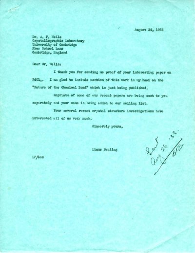 Letter from Linus Pauling to A.F. Wells. Page 1. August 26, 1938