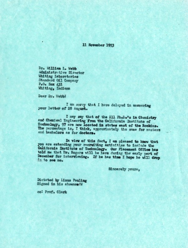 Letter from Linus Pauling to William L. Webb. Page 1. November 11, 1953