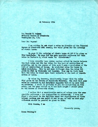 Letter from Linus Pauling to Donald T. Wagman. Page 1. February 22, 1954