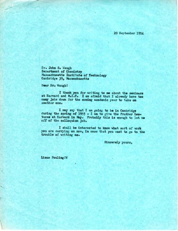 Letter from Linus Pauling to John S. Waugh. Page 1. September 20, 1954