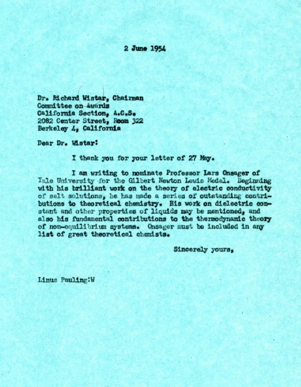 Letter from Linus Pauling to Richard Wistar. Page 1. June 2, 1954
