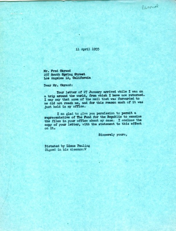 Letter from Linus Pauling to Fred Okrand. Page 1. April 11, 1955