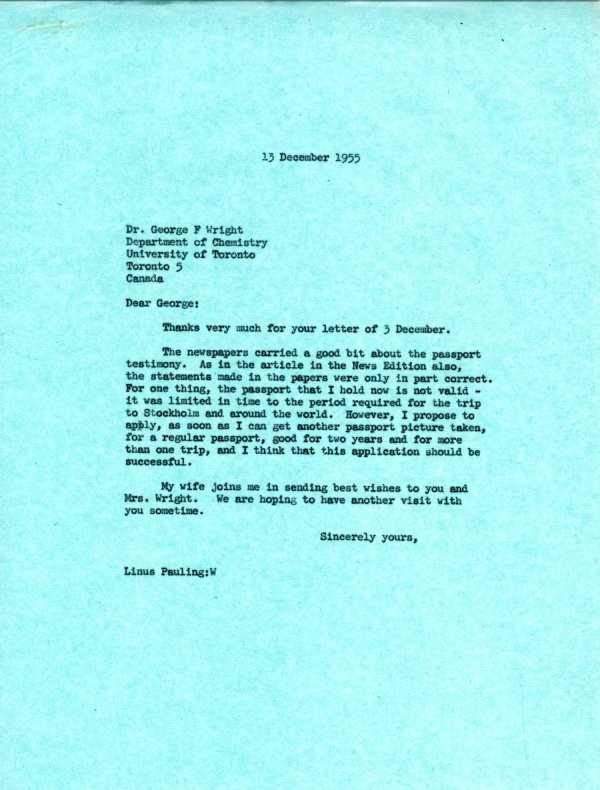 Letter from Linus Pauling to George F. Wright. Page 1. December 13, 1955