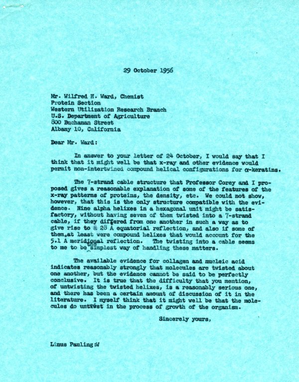 Letter from Linus Pauling to Wilfred H. Ward. Page 1. October 29, 1956