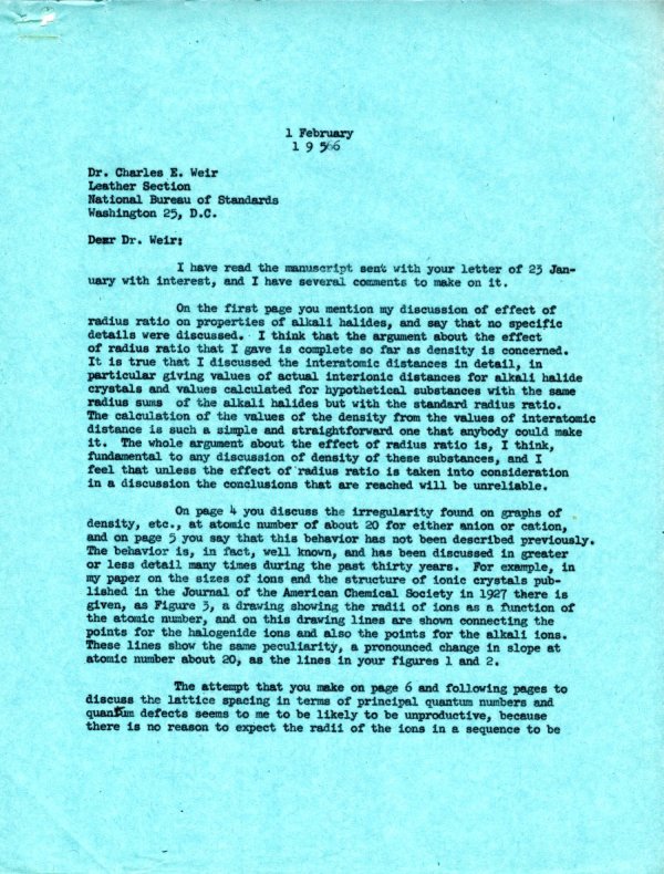 Letter from Linus Pauling to Charles E. Weir. Page 1. February 1, 1956