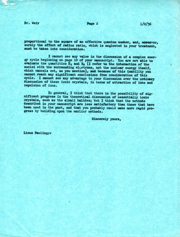 Letter from Linus Pauling to Charles E. Weir. Page 2. February 1, 1956
