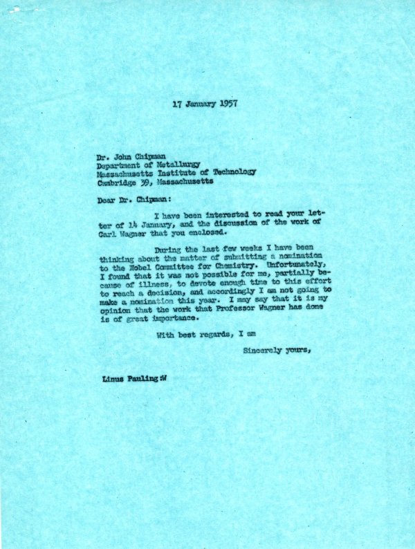 Letter from Linus Pauling to John Chipman. Page 1. January 17, 1957