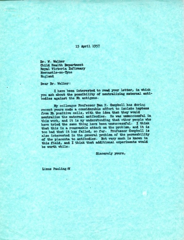 Letter from Linus Pauling to W. Walker. Page 1. April 15, 1957