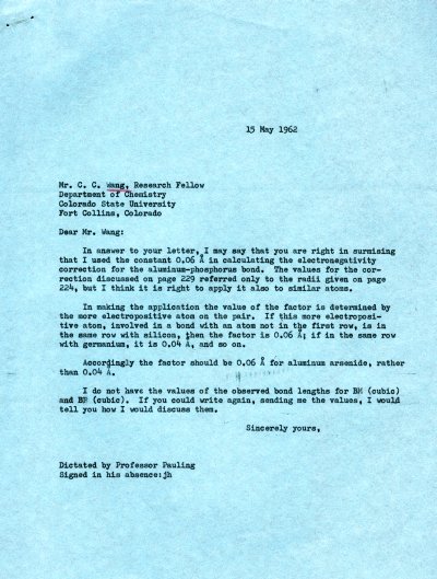 Letter from Linus Pauling to C. C. Wang. Page 1. May 15, 1962