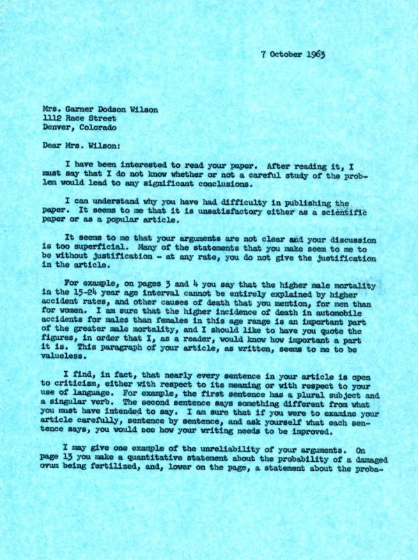 Letter from Linus Pauling to Garner Dodson Wilson. Page 1. October 7, 1963