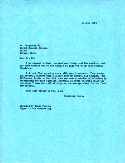 Letter from Linus Pauling to Hang-sang Wu. Page 1. June 18, 1963