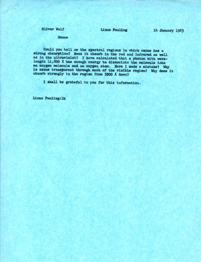 Memo from Linus Pauling to Oliver Wulf. Page 1. January 14, 1963