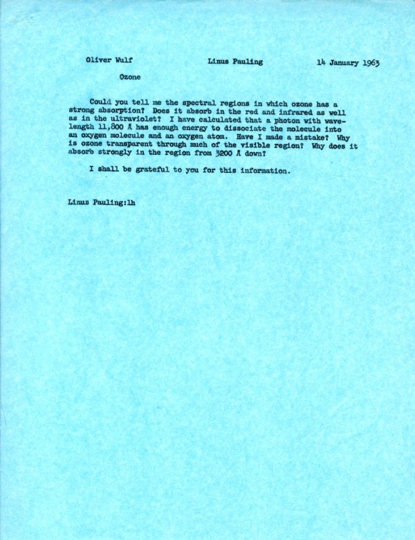Memo from Linus Pauling to Oliver Wulf. Page 1. January 14, 1963