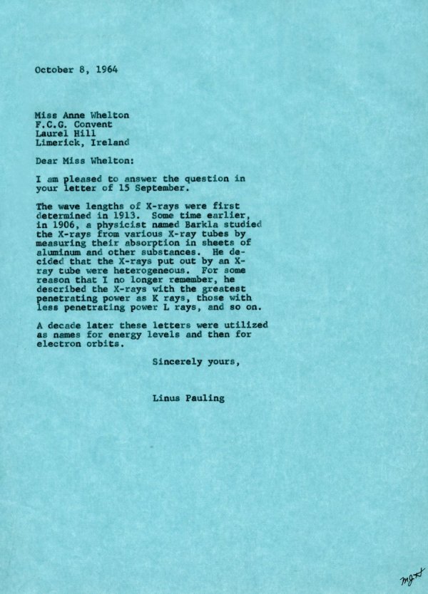 Letter from Linus Pauling to Anne Whelton. Page 1. October 8, 1964