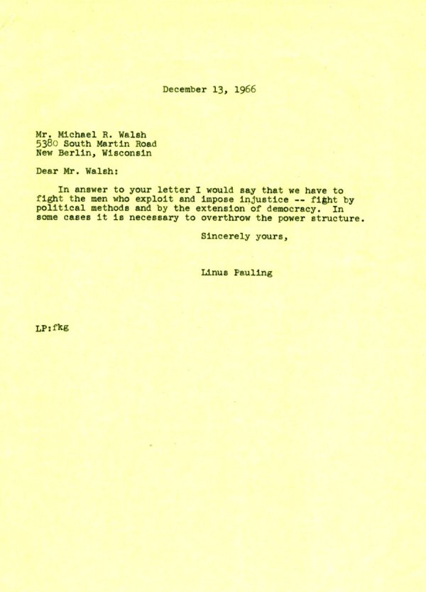 Letter from Linus Pauling to Michael R. Wash. Page 1. December 13, 1966