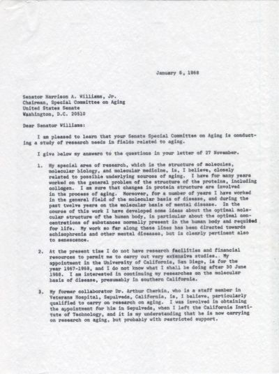 Letter from Linus Pauling to Sen. Harrison A. Williams, Jr. Page 1. January 8, 1968