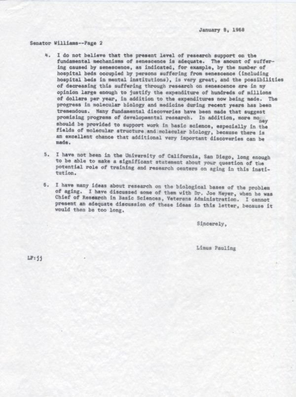 Letter from Linus Pauling to Sen. Harrison A. Williams, Jr. Page 2. January 8, 1968