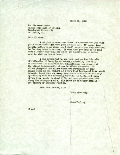 Letter from Linus Pauling to Clarence Zener. Page 1. March 20, 1936