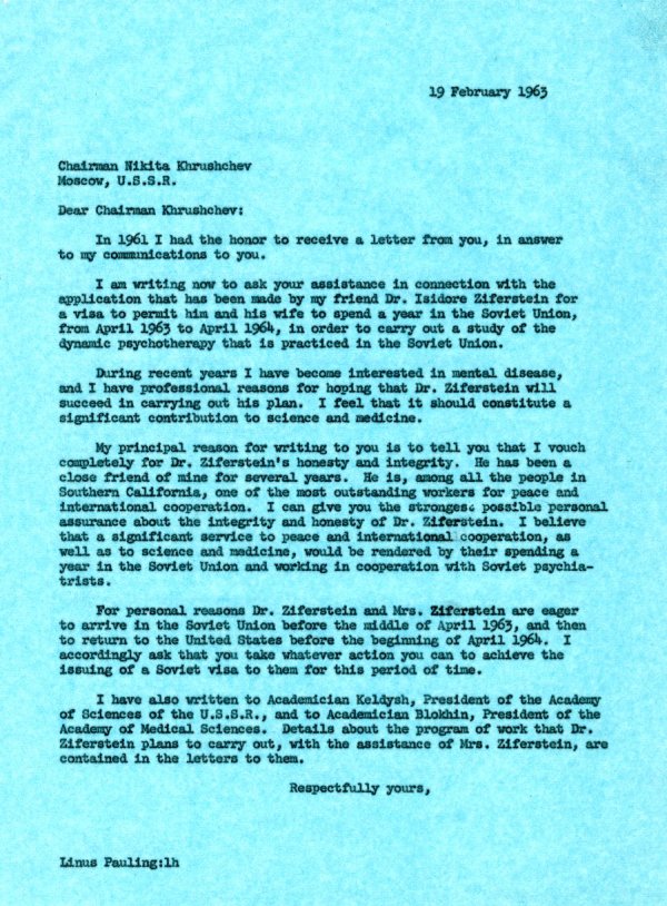 Letter from Linus Pauling to Nikita S. Khrushchev. Page 1. February 19, 1963