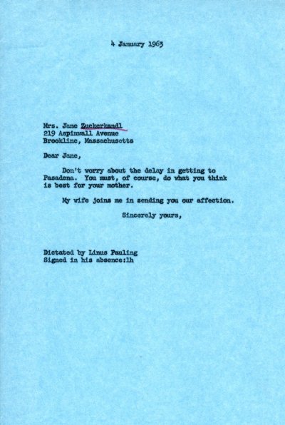 Letter from Linus Pauling to Emile Zuckerkandl. Page 1. January 4, 1963